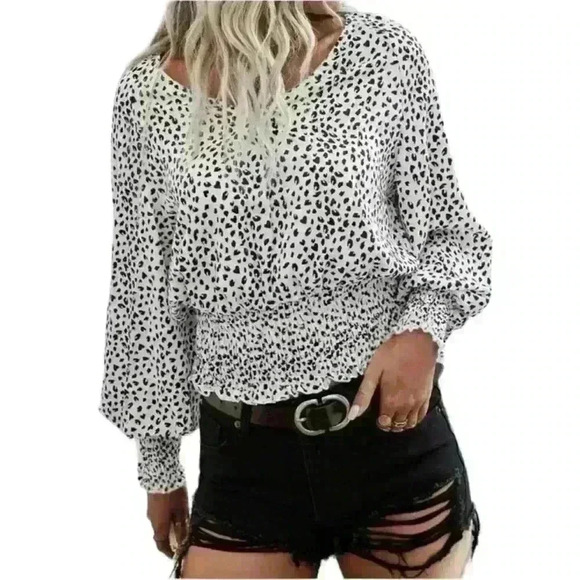 SHEIN Tops - (Sold)SHEIN Dalmatian Print Bishop Sleeve V Neck Shirred Blouse size small NWOT